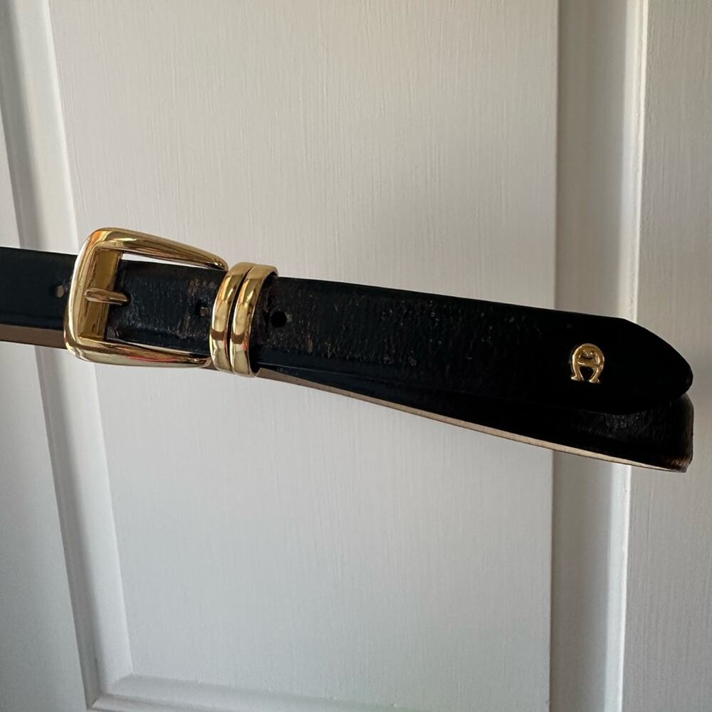 Etienne Aigner Black Leather Belt with Gold Buckle